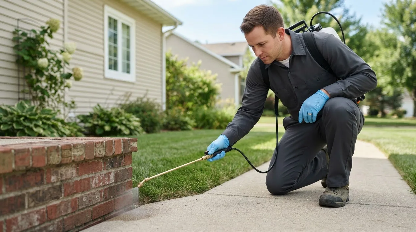 Pest control technician treating a home near Kerrick, MN