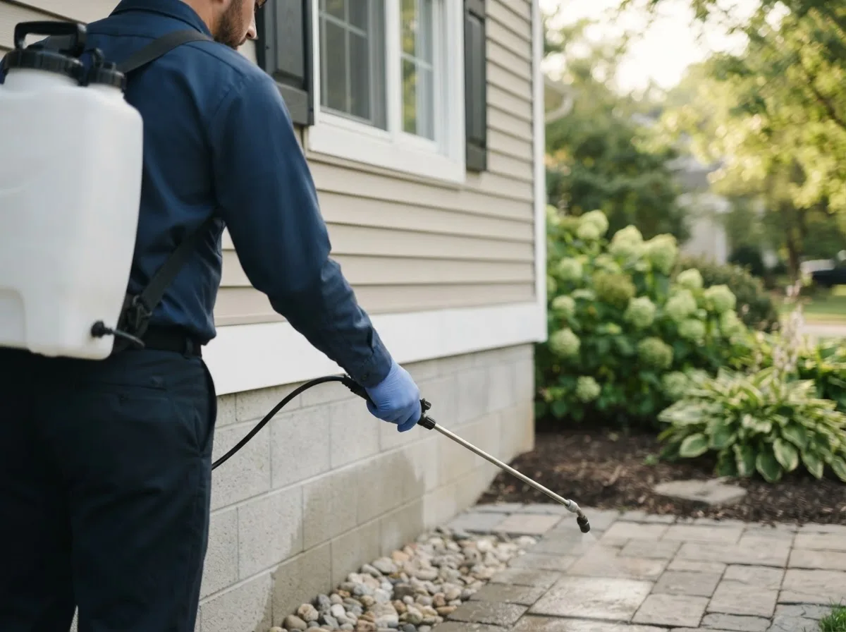 Pest control technician inspecting a home in Kerrick, MN